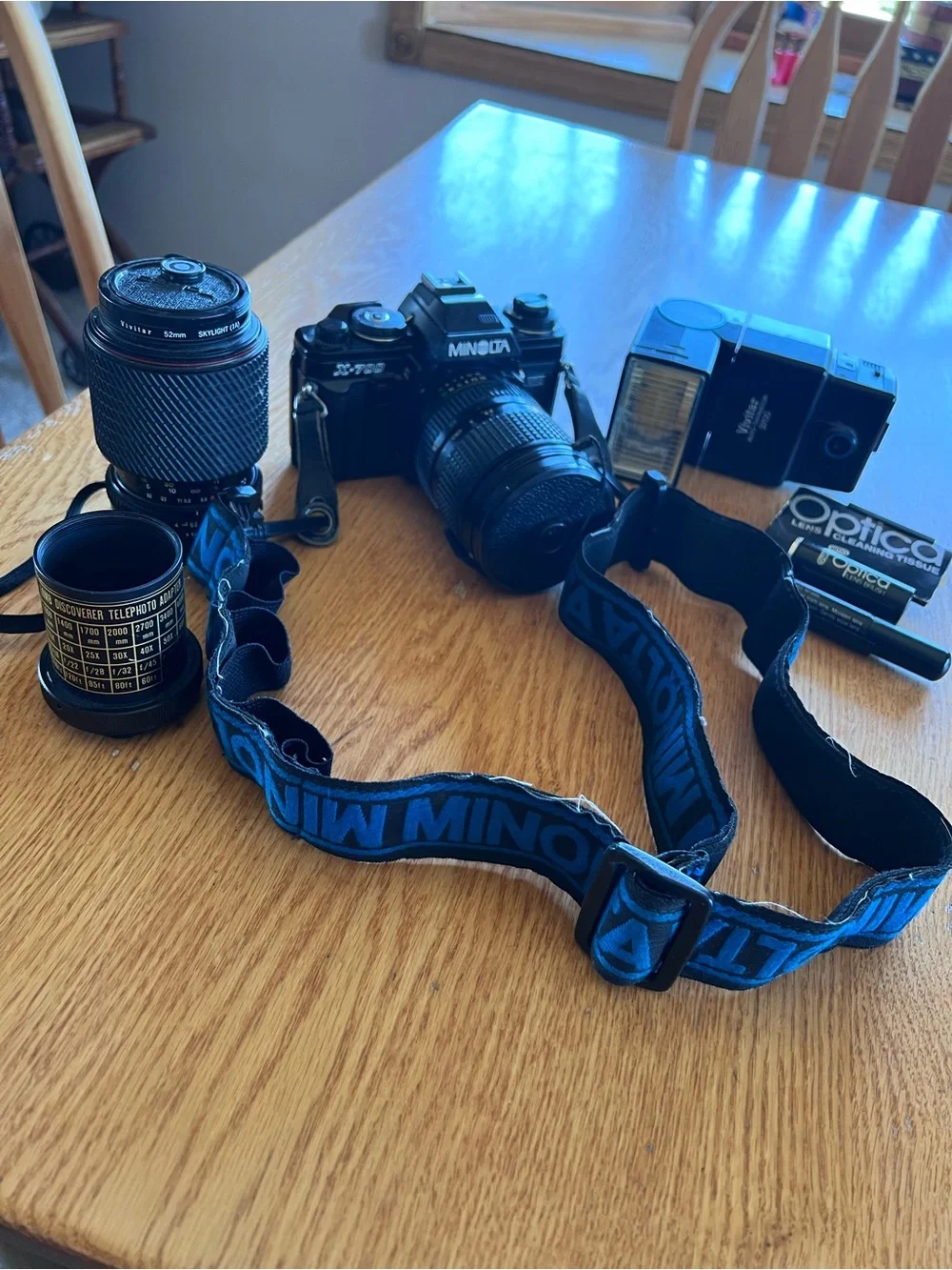 Minolta X-700 Film Camera with Black/Blue Strap, lens, adapter, auto thyristor